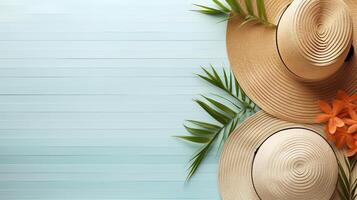 twee rietje hoeden, palm blad. zomer vakantie. generatief ai foto
