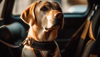 schattig puppy zittend in auto, klaar naar reizen gegenereerd door ai foto