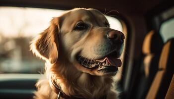 schattig rasecht puppy zittend in auto, buitenshuis gegenereerd door ai foto