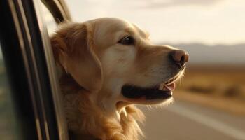 schattig puppy zittend in auto, genieten van reis gegenereerd door ai foto