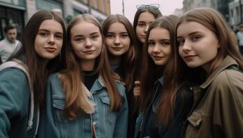 glimlachen jong volwassenen, Kaukasisch Dames buitenshuis, vrolijk levensstijlen, vriendschap geluk gegenereerd door ai foto