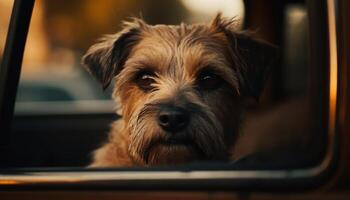 schattig puppy zittend in auto, op zoek uit venster gegenereerd door ai foto