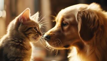 schattig puppy en katje spelen buitenshuis samen gegenereerd door ai foto