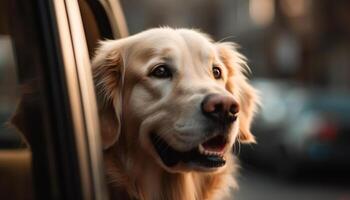 schattig puppy zittend buitenshuis, op zoek Bij camera gegenereerd door ai foto