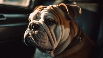 schattig Frans bulldog zittend buitenshuis, op zoek verdrietig gegenereerd door ai foto