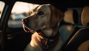 schattig rasecht puppy zittend in auto, buitenshuis gegenereerd door ai foto