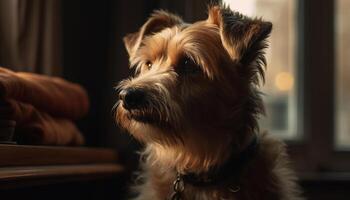 schattig terriër puppy zittend buitenshuis, op zoek charmant speels gegenereerd door ai foto