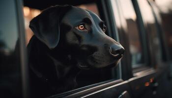 schattig puppy op zoek uit auto venster, op reis reis gegenereerd door ai foto