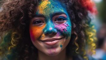 glimlachen vrouw met kleurrijk gezicht verf viert blij gegenereerd door ai foto