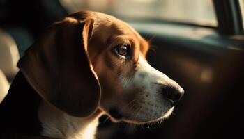 schattig puppy zittend in auto, op zoek buitenshuis gegenereerd door ai foto