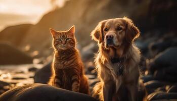 gouden retriever en katje genieten zomer zonsondergang gegenereerd door ai foto