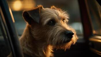 schattig puppy op zoek uit auto venster, zomer reis gegenereerd door ai foto