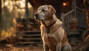 gouden retriever zittend in gras, op zoek loyaal gegenereerd door ai foto