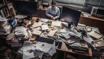 zakenman en zakenvrouw werken Aan rommelig papierwerk chaos gegenereerd door ai foto