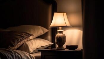 comfortabel modern slaapkamer met elegant verlichting en decor gegenereerd door ai foto