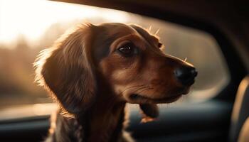 schattig rasecht puppy zittend in auto, op zoek uit gegenereerd door ai foto