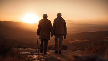 senior paar wandelen berg, genieten van zonsopkomst samen gegenereerd door ai foto