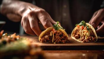 gegrild rundvlees taco Aan eigengemaakt flatbread bord gegenereerd door ai foto
