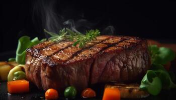gegrild entrecote steak, gekookt bijzonder, met salade gegenereerd door ai foto