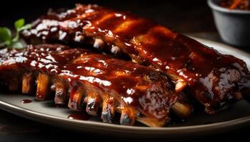 gegrild varkensvlees rib met hartig barbecue saus gegenereerd door ai foto