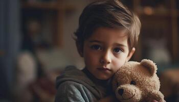 glimlachen Kaukasisch jongen Holding teddy beer, genieten van huiselijk kamer omhelzing gegenereerd door ai foto