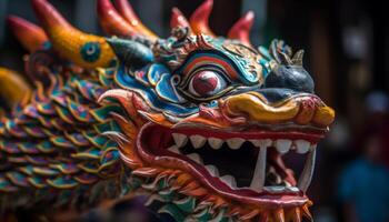 multi gekleurde draak beeldhouwwerk symboliseert geestelijkheid in Chinese cultuur decoratie gegenereerd door ai foto