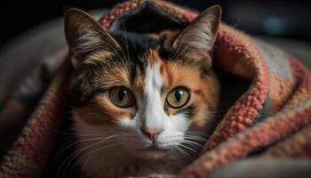 pluizig katje staren, resting Aan zacht hoofdkussen gegenereerd door ai foto