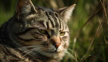 schattig katje zittend in gras, staren merkwaardig gegenereerd door ai foto