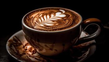 schuimig koffie kunst Aan schotel, rustiek hout gegenereerd door ai foto