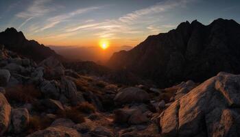 rustig zonsopkomst over- majestueus berg bereik, adembenemend schoonheid gegenereerd door ai foto