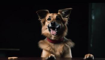 pluizig puppy zitten, op zoek Bij camera, glimlachen gegenereerd door ai foto