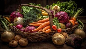 vers biologisch groenten in rieten mand arrangement gegenereerd door ai foto