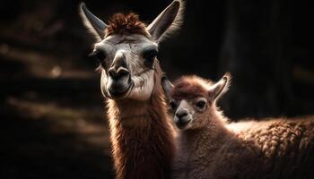 schattig alpaca begrazing in groen weide, glimlachen gegenereerd door ai foto