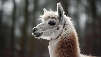 pluizig alpaca portret, schattig huiselijk zoogdier op zoek gegenereerd door ai foto