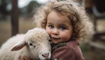 glimlachen Kaukasisch kleuter omarmt schattig boerderij dieren blij gegenereerd door ai foto