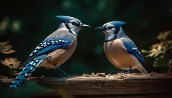 twee spreeuwen neerstrijken Aan tak, genieten van kalmte gegenereerd door ai foto