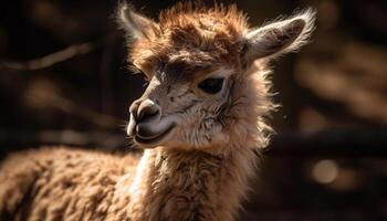 pluizig alpaca begrazing in landelijk weide gegenereerd door ai foto