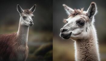 pluizig alpaca portret, schattig zoogdier op zoek Bij camera gegenereerd door ai foto