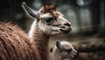 schattig alpaca begrazing in groen weide, op zoek Bij camera gegenereerd door ai foto