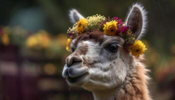 glimlachen alpaca in weide, omringd door bloemen gegenereerd door ai foto