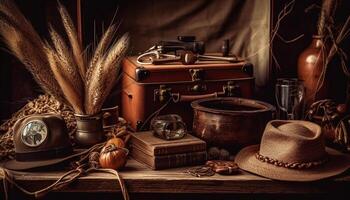 antiek tafel houdt oud literatuur, rustiek elegantie gegenereerd door ai foto