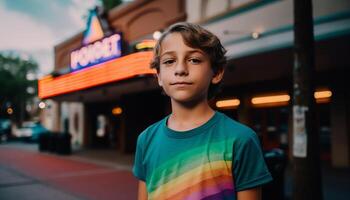 glimlachen schooljongen verlichte door straat licht gegenereerd door ai foto