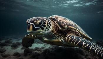 groen karetschildpad schildpad zwemmen in tropisch rif gegenereerd door ai foto