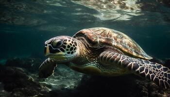 groen zee schildpad zwemmen in rustig rif gegenereerd door ai foto