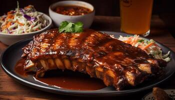 gegrild varkensvlees steak met hartig barbecue saus gegenereerd door ai foto