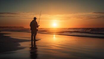 silhouet van visser terug lit door zonsondergang gegenereerd door ai foto