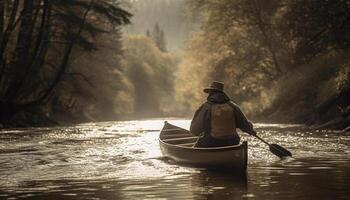 Kaukasisch Mens peddelen kano in rustig Woud gegenereerd door ai foto