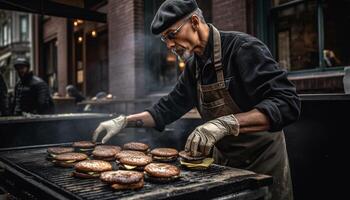 een Mens, deskundige chef, grillen vers vlees gegenereerd door ai foto