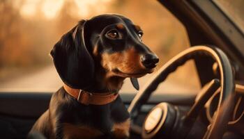 schattig teckel puppy zittend in auto, op zoek uit gegenereerd door ai foto