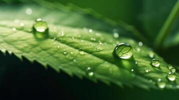 een groen blad met water druppels oppervlak, met een donker groen achtergrond. generatief ai foto